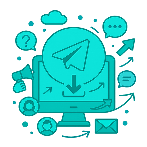 下載 Telegram Expert 程式的向量插圖：螢幕中央的 Telegram 標誌帶有下載圖標，周圍環繞著郵件、使用者、聊天和箭頭符號。視覺重點突出自動化、邀請、帳戶預熱、頻道克隆器和其他程式模組。 